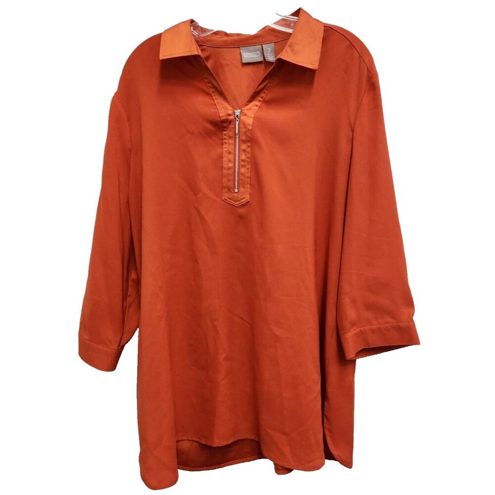 Chicos Womens Tunic Top Large‎ Orange 1/4 Zip 3/4 Sleeve Pullover Casual Modest